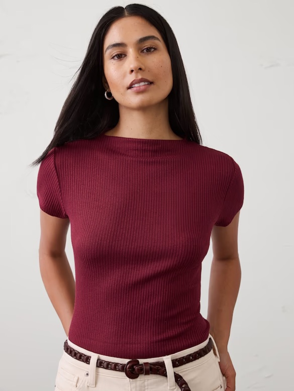 NWT BANANA REPUBLIC SOFT LUXE RIBBED T-SHIRT in Burgundy
